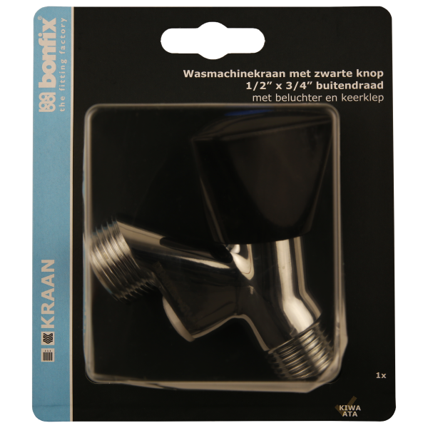 BONFIX Blister wasmachinekraan met keerklep zwarte knop